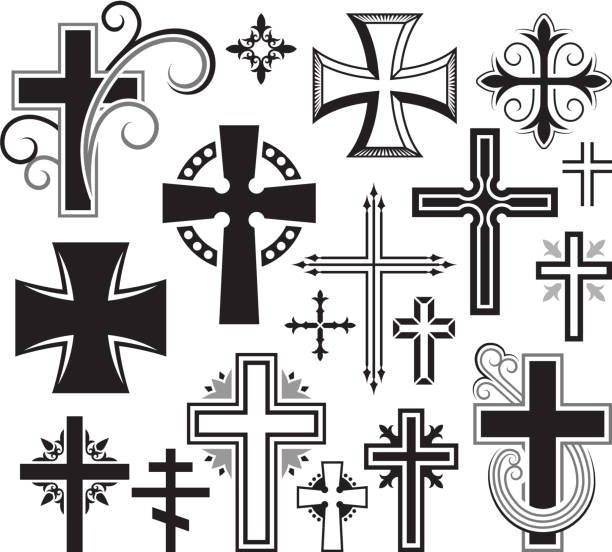 illustrations, cliparts, dessins animés et icônes de christian cross noir et blanc ensemble d'icônes vectorielles libres de droits - cross shape cross pattern black
