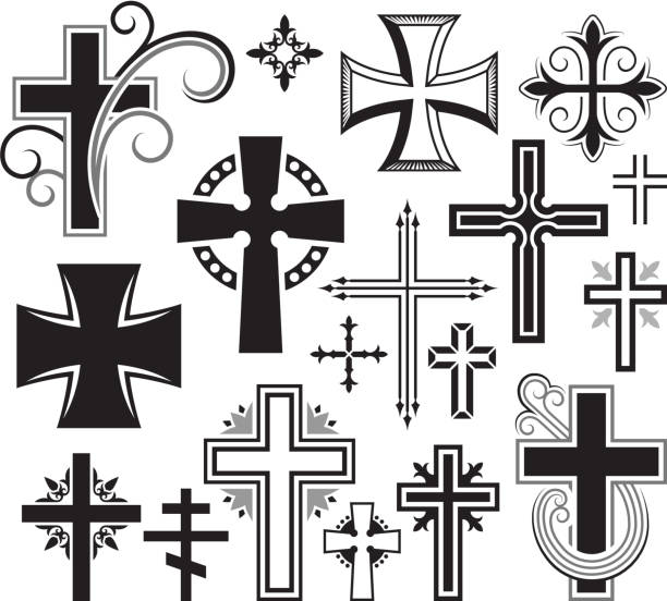 illustrazioni stock, clip art, cartoni animati e icone di tendenza di christian cross bianco e nero icona set vettoriale royalty-free - croce religiosa immagine