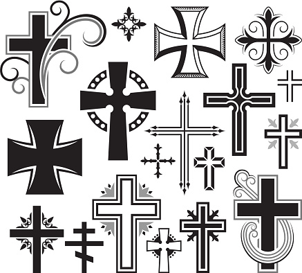 Christian Cross black and white icon set