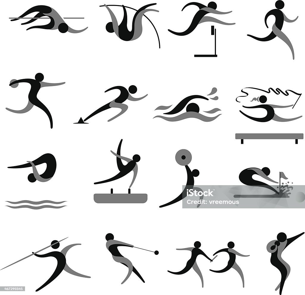 Sports Icon Set 16 different track and field sports action. Part of a series, see also stock illustrations 467292935 and 467292929 for more sports in the same style. Track And Field stock vector