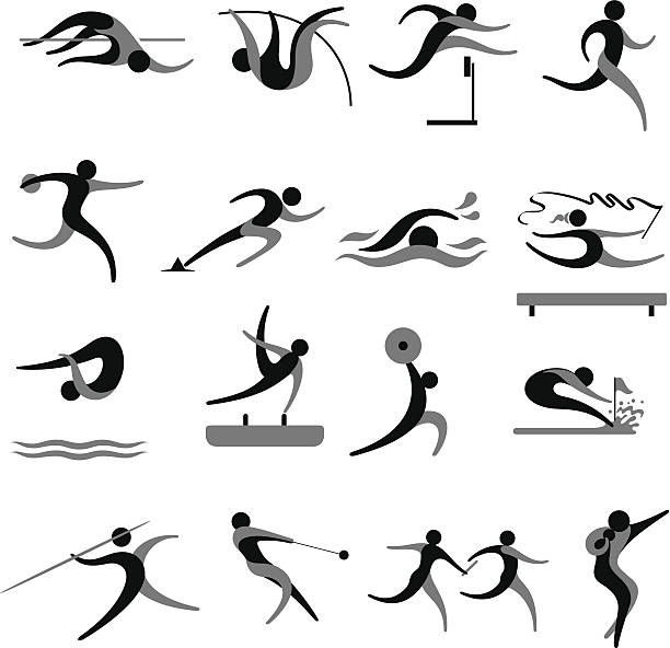 Sports Icon Set 16 different track and field sports action. Part of a series, see also stock illustrations 467292935 and 467292929 for more sports in the same style. track and field stock illustrations