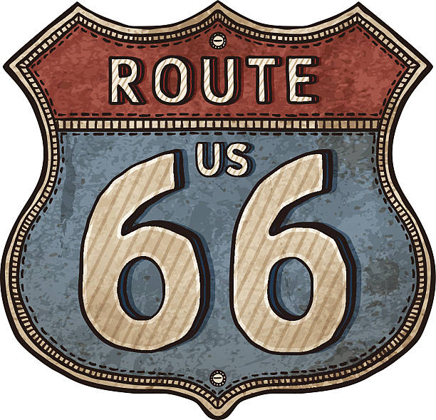 illustrazioni stock, clip art, cartoni animati e icone di tendenza di fumetto uniti.  route scudo di route 66 segno stradale - white background dirty old contemporary