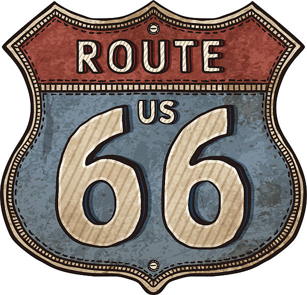 мультяшный сша.  маршрут shield- маршрут 66 дорожный знак - route 66 number 66 road trip road stock illustrations
