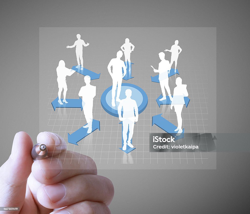 drawing social network structure Business man drawing social network structure Advice Stock Photo