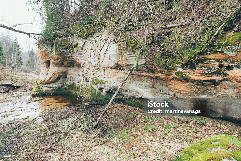 sandstone cliffs in the Gaujas National Park, Latvia - retro sandstone cliffs on the river shore in the Gaujas National Park, Latvia - grainy retro vintage film effect 2015 Stock Photo
