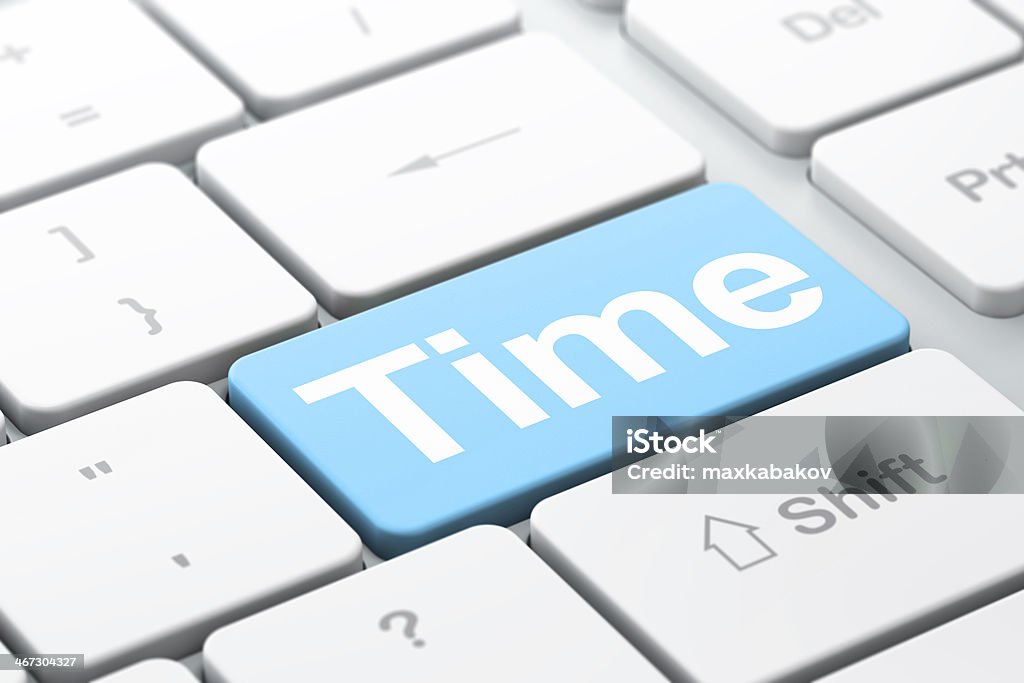 Cronología concepto: Tiempo sobre fondo de teclado de ordenador - Foto de stock de Azul libre de derechos