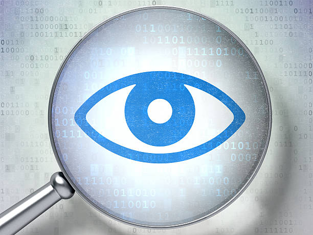 istock Safety concept: Eye with optical glass on digital background 467305773