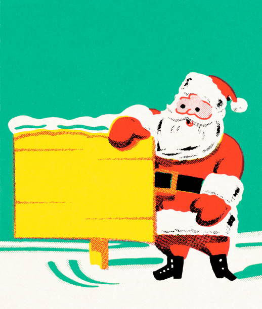 ilustraciones, imágenes clip art, dibujos animados e iconos de stock de santa con un cartel - christmas santa claus north pole snow