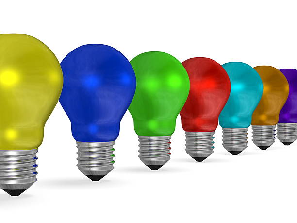 istock Light bulbs of vibrant contrasting colors in row 467309481