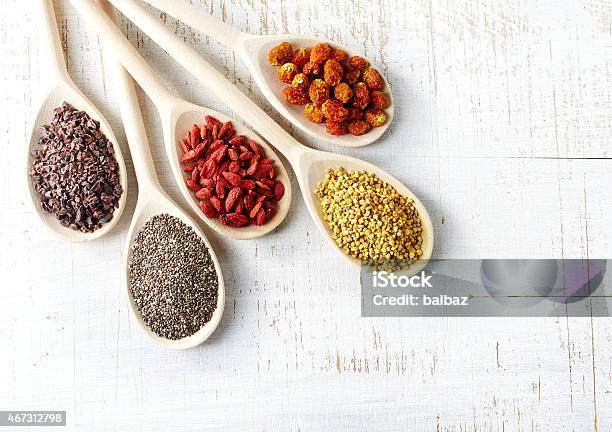 Five Spoons Full Of Healthy Superfoods Stock Photo - Download Image Now - 2015, Antioxidant, Berry