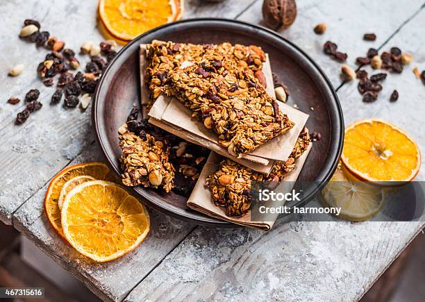 Granola Bars Citrus Peanut Butter And Dried Fruit Healthy Food Stock Photo - Download Image Now