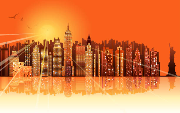 illustrazioni stock, clip art, cartoni animati e icone di tendenza di alba della città di new york - sunrise city of sunrise skyline new york city