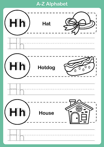 алфавита от a до z упражнения с мультяшный vocabulary для книга-раскраска - letter h alphabet education learning stock illustrations