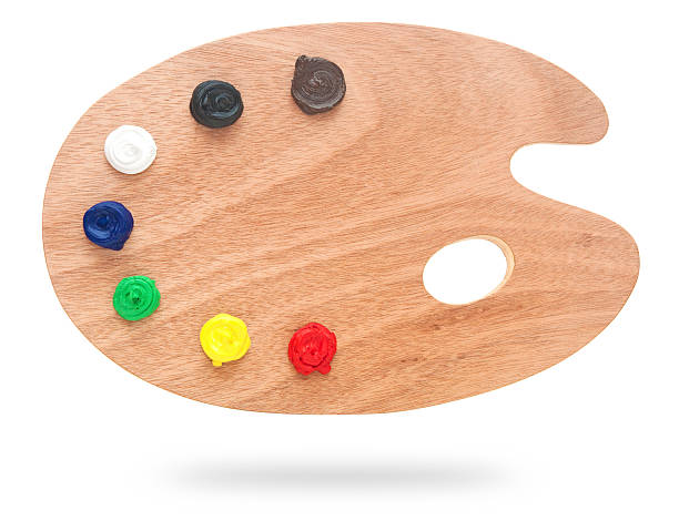 istock wooden art palette with paint isolated on white 467319407