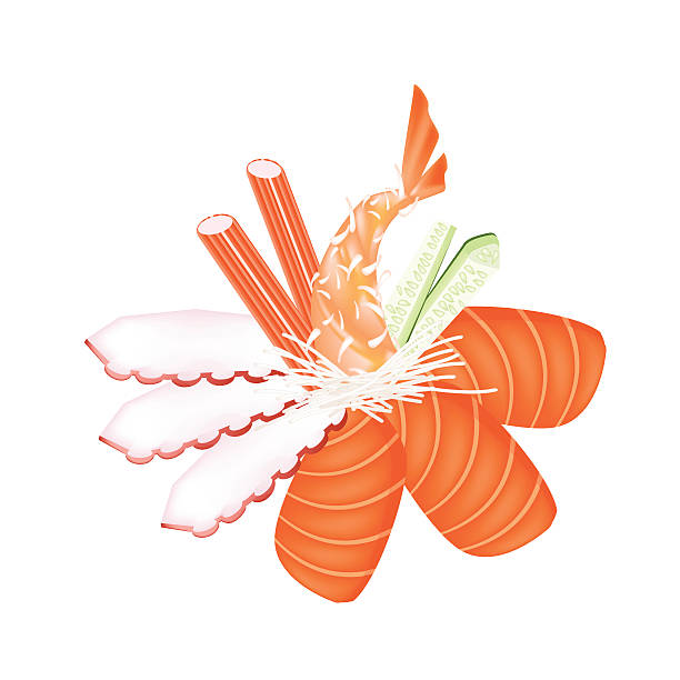 Seafood Sashimi with Chopsticks on White Background Japanese Cuisine, Illustration of Salmon Sashimi, Squid Sashimi, Kani Sashimi and Ebi Tempura Isolated in White Background. tako stock illustrations