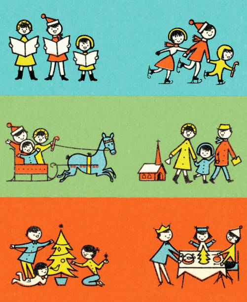 ilustraciones, imágenes clip art, dibujos animados e iconos de stock de familia navidad actividades - green background color image people animal