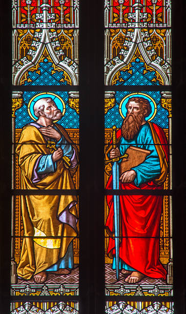 Bratislava - Apostle Peter and Paul from windowpane of cathedral Bratislava - Apostle Peter and Paul on windowpane from 19. from manufactures of Karola Geyling and Eduarda Kratzmann in st. Martin cathedral. peter the apostle stock pictures, royalty-free photos & images