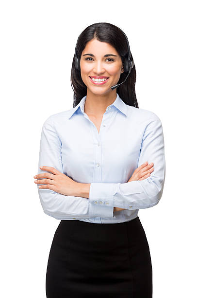receptionist latina - women customer service representative service standing foto e immagini stock