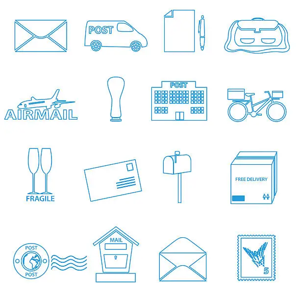 Vector illustration of post and mail blue outline icons set eps10