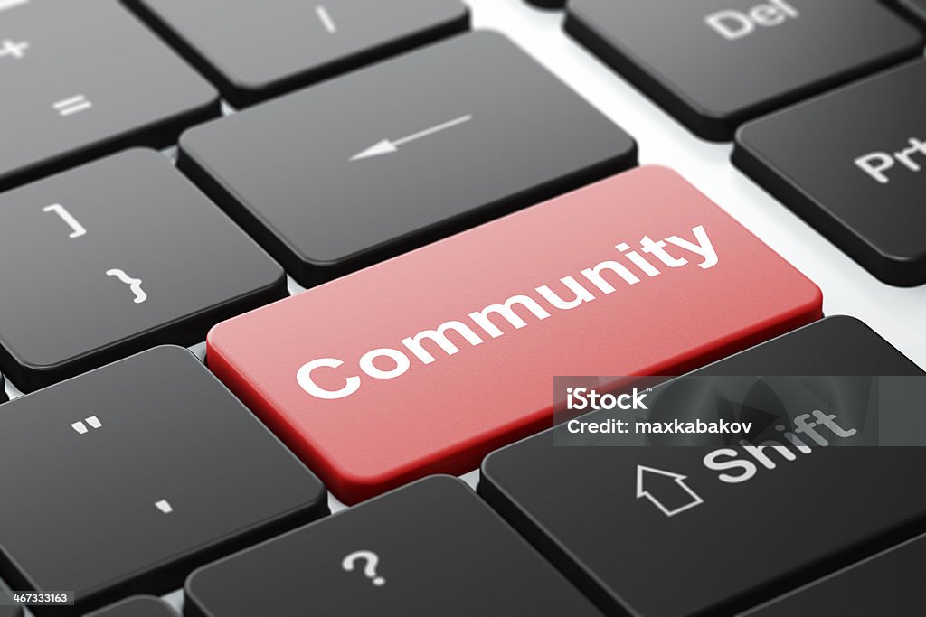 Concepto de medios sociales: Comunidad sobre fondo de teclado de ordenador - Foto de stock de Amistad libre de derechos