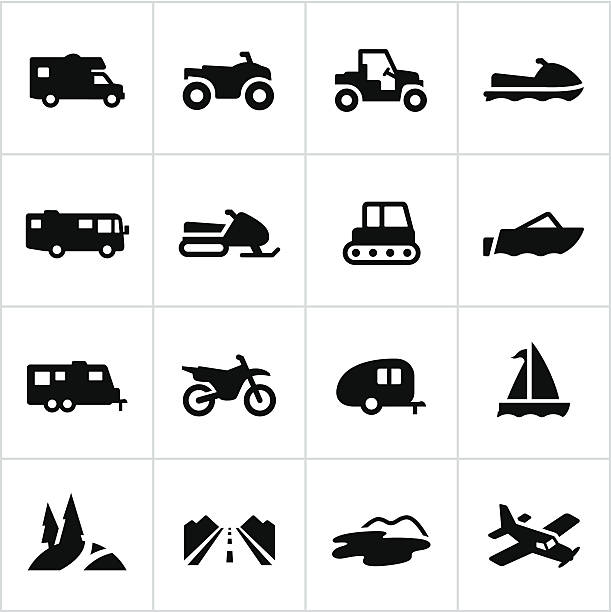 Black Recreational Vehicle Icons Recreational vehicles. All white strokes/shapes are cut from the icons and merged allowing the background to show through. rv stock illustrations