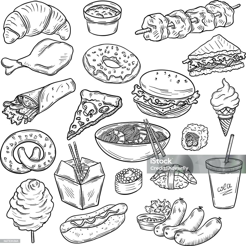 Collection of food Collection of fast food sketches Sushi stock vector