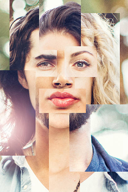 mezcla de cara de hombre y mujer - face art fotografías e imágenes de stock