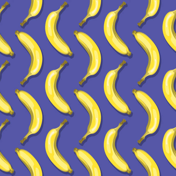 Bananas (Seamless pattern pop art style) Vector illustration of seamless pattern with yellow Bananas on a violet, purple background in a pop art style. banana patterns stock illustrations
