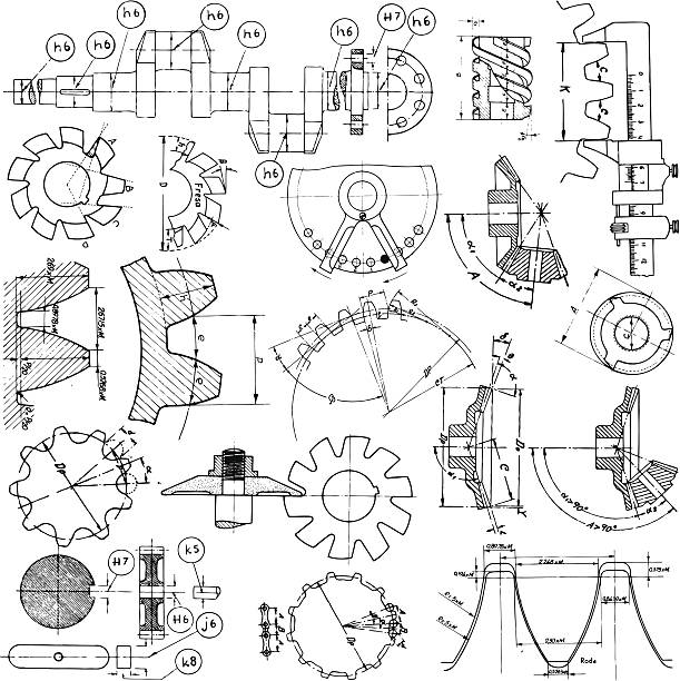 ilustrações de stock, clip art, desenhos animados e ícones de vários desenhos técnicos - technology engineering gear drawing