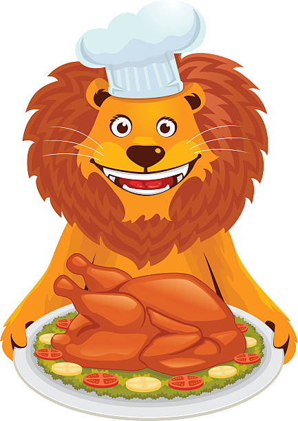 lion mit gebratenem truthahn - roast chicken chicken roasted spit roasted stock-grafiken, -clipart, -cartoons und -symbole