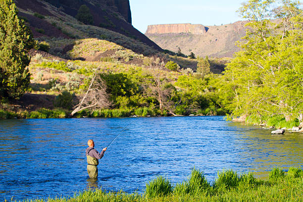 fly fisherman fluss deschutes - fly fishing fishing river fisherman stock-fotos und bilder