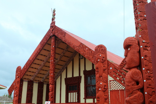 Traditional Maori meeting house  in Rotorua, North Island, New Zealand