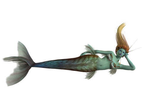 A magical legendary creature called a mermaid in the colors of a silvery fish.