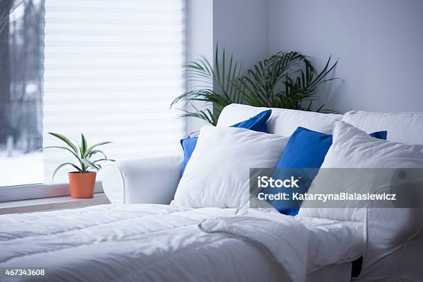 White And Blue Cushions Stock Photo - Download Image Now - Duvet, Pillow, Window