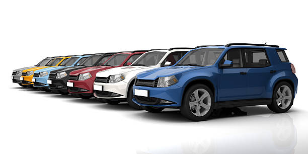 New Cars 3D rendering of cars on white background. empty dealership interior stock pictures, royalty-free photos & images