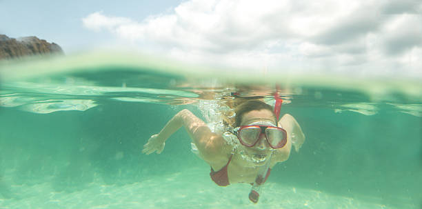 istock Woman snorkelling-Half in/Half out underwater shot 467346630