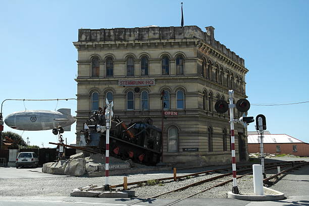 Steampunk Museum in Oamaru Oamaru, New Zealand - January 22, 2015: Steampunk HQ, in the small southern coastal town of Oamaru, is New Zealand's premiere Steampunk experience. The museum is located in an old historical building entrence stock pictures, royalty-free photos & images
