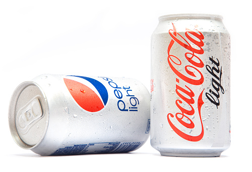 Istanbul, Turkey - September 18, 2012: aluminum cans of Pepsi light and Coca-Cola light. In the 1980s and 1990s, Coke and Pepsi engaged in the \