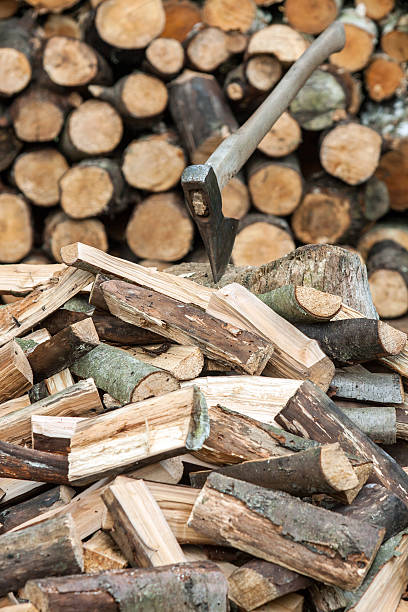 istock wood chopped and stacked with an ax 467359060