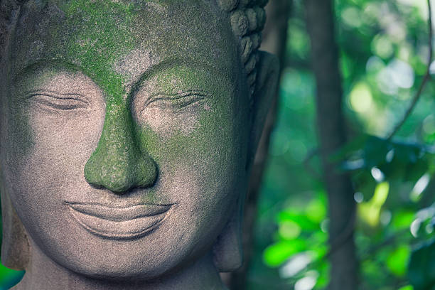 Closeup of the face of an old weathered Buddha statue in a forest environement.