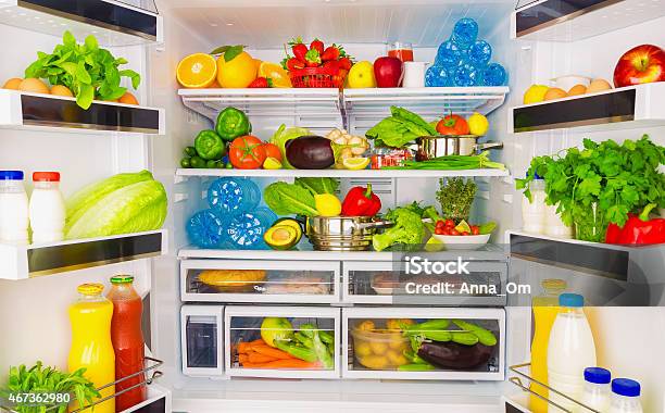 Full Open Fridge With Lots Of Vegetables Stock Photo - Download Image Now - Refrigerator, Food, Full