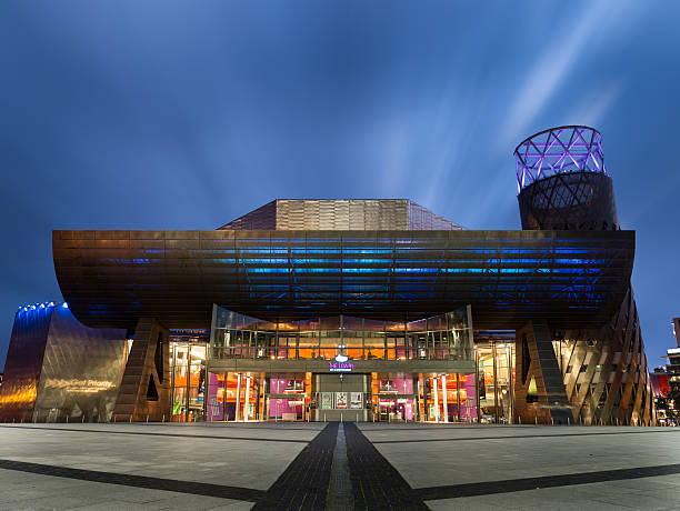 Manchester, UK - June 28, 2014: Night view of the Lowry Gallery, Salford Quays