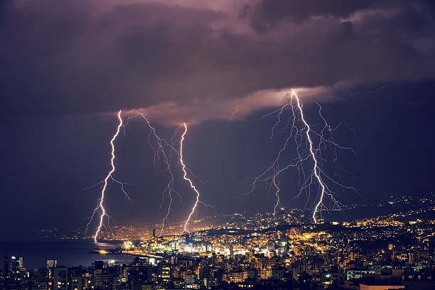 Beautiful lightning at night stock photo
