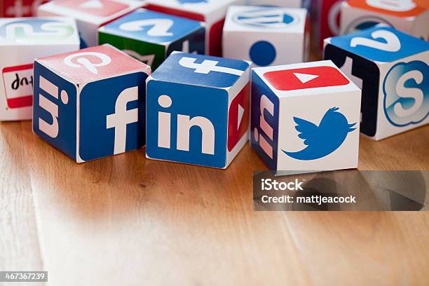 Social Media Cubes On A Wooden Background Stock Photo - Download Image Now - LinkedIn, Social Media, YouTube