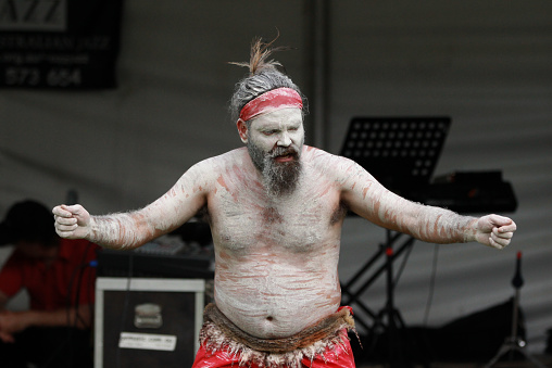 Sydney, Australia, February 19, 2012: Aboriginal dancer performs at the Audley Weir in the Royal National Park in Australia.