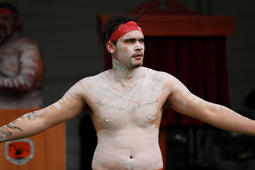 Sydney, Australia, February 19, 2012: Aboriginal dancer performs at the Audley Weir in the Royal National Park in Australia.