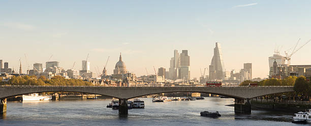 London skyline morning panorama View down the Thames of London Bridge, St Pauls Cathedral and the skyscrapers of The City on the skyline at dawn, central London. Copy space. 122 leadenhall street photos stock pictures, royalty-free photos & images