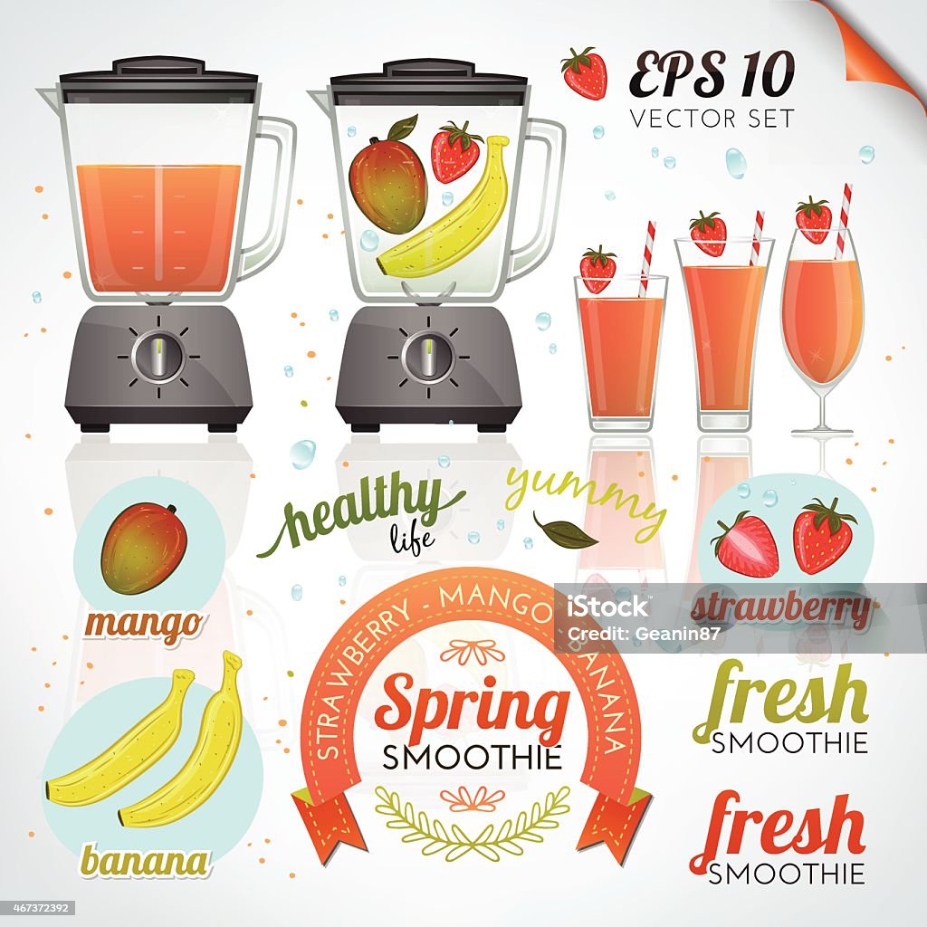 Graphic of tropical fruit smoothie promotional images Collection of vector illustrations of kitchen elements and spring smoothie. 2015 stock vector