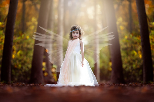 little girl with angel wings in enchanted forrest