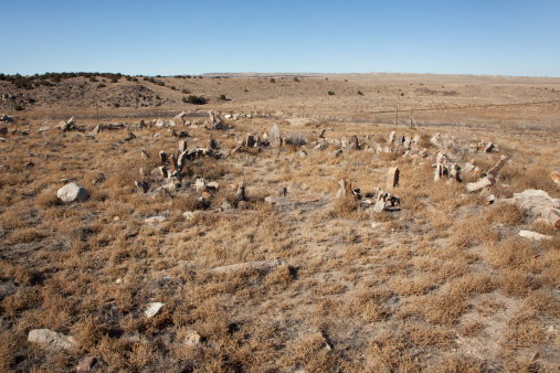 A large stone circle 25 feet wide archaeologists refer to as room A stands at the Cramer site, part of a 700 - 800 year old Native American dwelling in the Apishapa Canyon. The site also known as the Stonehenge of Colorado is located on state land in southeast Colorado near the Comanche National Grasslands.